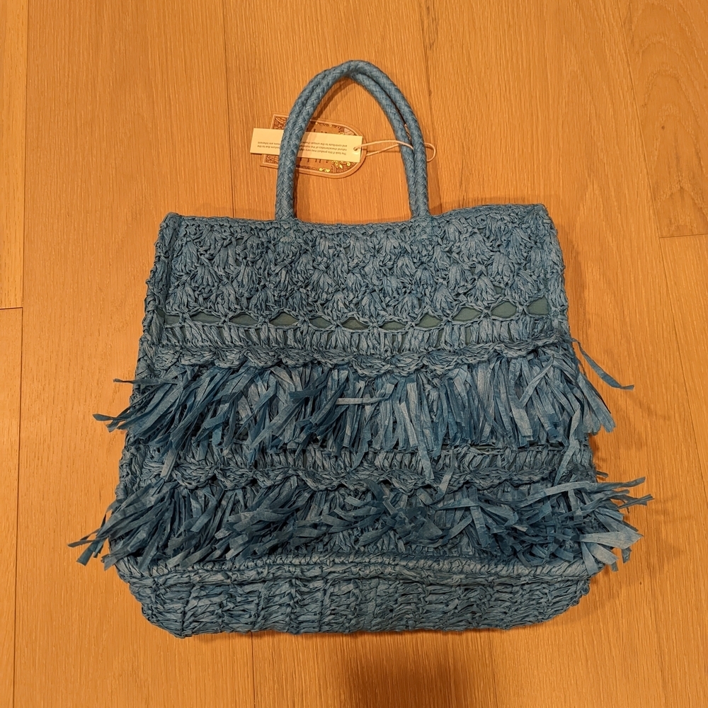 Handcrafted Blue Raffia Fringe Tote Bag - India - Picture 3 of 10